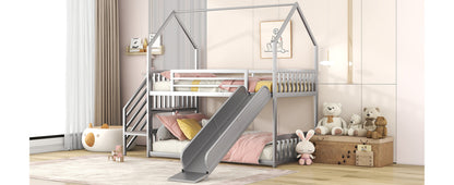 Twin Over Twin Metal Bunk Bed House Bed With Slide And Staircase, Silver