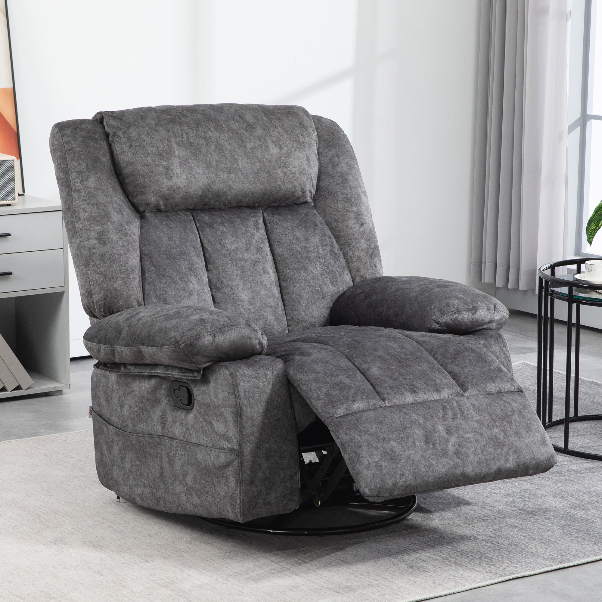 Rocker Recliner Chair with Swivel, Fabric Reclining Chair with Cushion, Rocking Chair with Footrest, Charcoal Gray