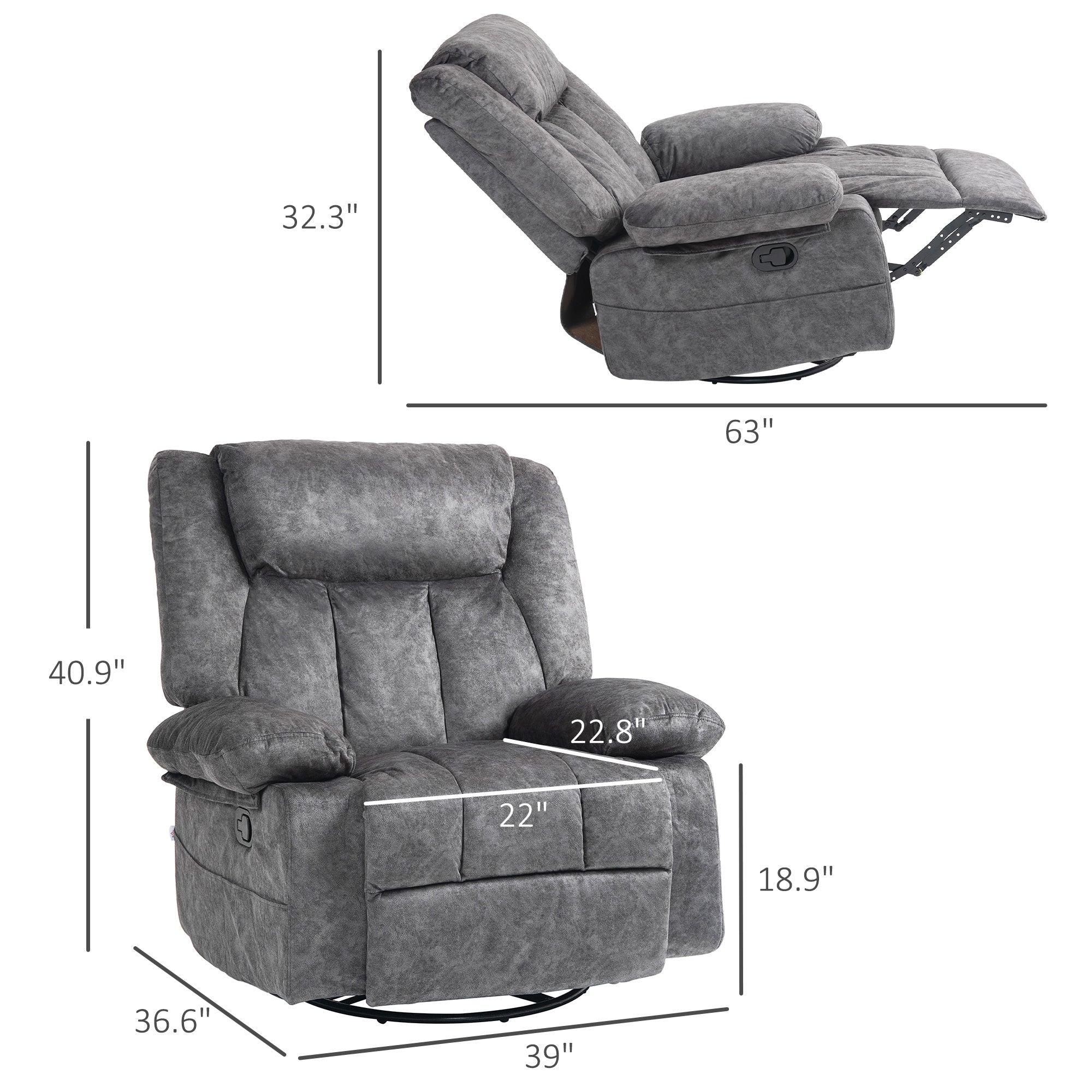 Rocker Recliner Chair with Swivel, Fabric Reclining Chair with Cushion, Rocking Chair with Footrest, Charcoal Gray
