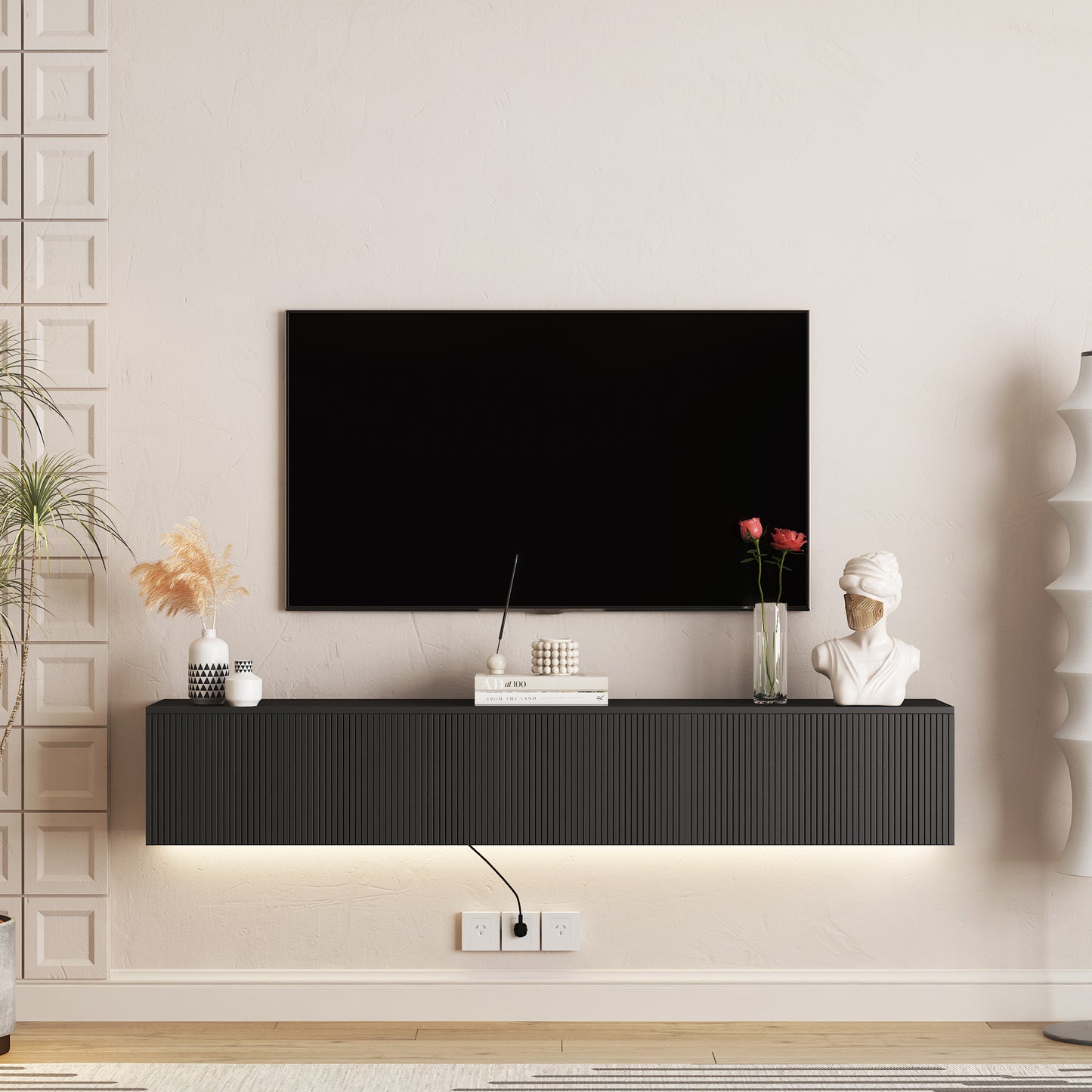 Floating TV Stand Wall Mounted With 16 Color LEDs,69 Modern TV Stand, Floating TV Cabinet Entertainment Center For 55 60 65 Inch TV,Black