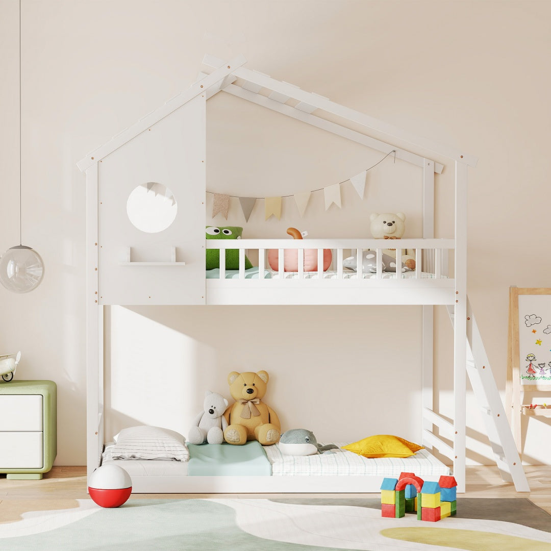 A-B Combination Sale, Please Do Not Buy Separately---Wood Twin Over Twin House Bunk Bed, Loft Bed With Ladder, Safety Guardrail, Wooden Slats & Window