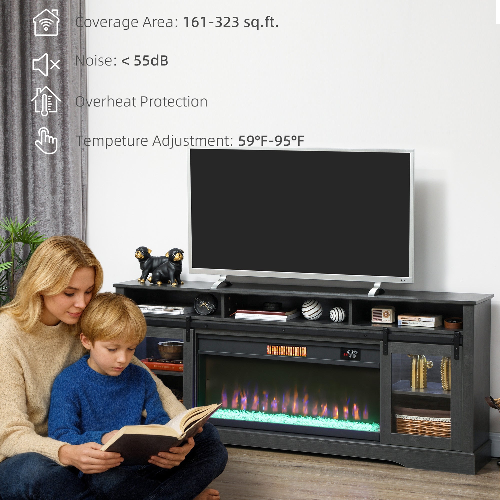 Fireplace TV Stand for TVs Up to 80 Inch, TV Console with Electric Fireplace, Open Storage and Side Cabinets, Gray