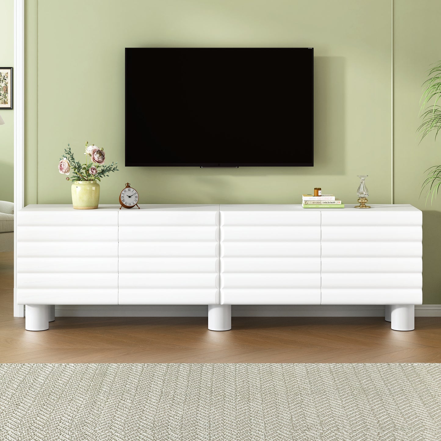 Stylish Thick Wavy Door TV Cabinet With Adjustable Shelves, Cream Style TV Stand With 4 Cabinets For TVs Up To 75, Solid Media Console With Cylindrical Legs And Cable Holes For Living Room, White