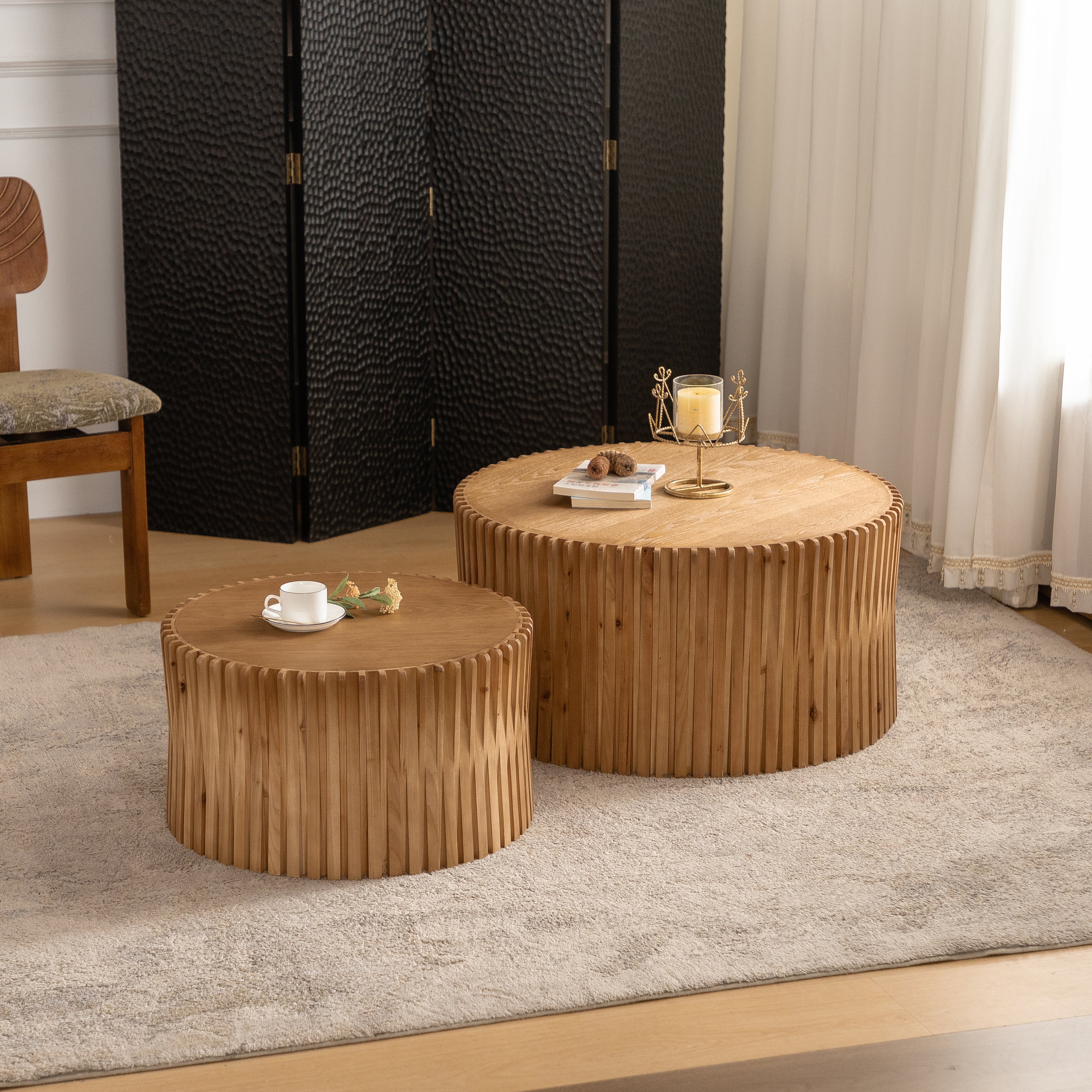 Vintage Fashion Style Cylindrical Nesting Coffee Table Set With Vertical Textured Embossed Design For Living Room, Office And Dining Room, Natural Set Of 2