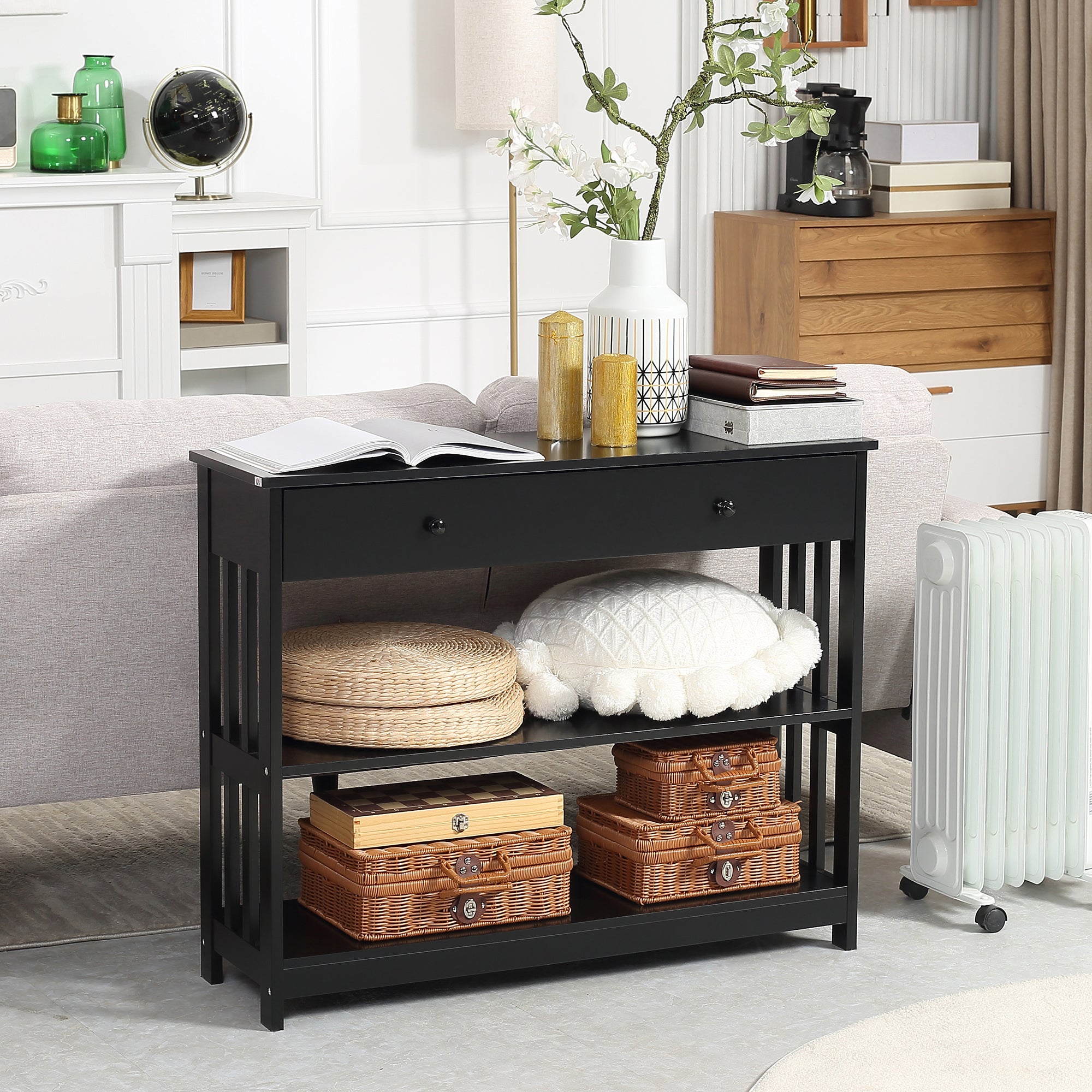 Console Hallway Table with Extra Wide Pull Out Drawer, 2 Open Shelves and Slatted Wood Frame Design, Black