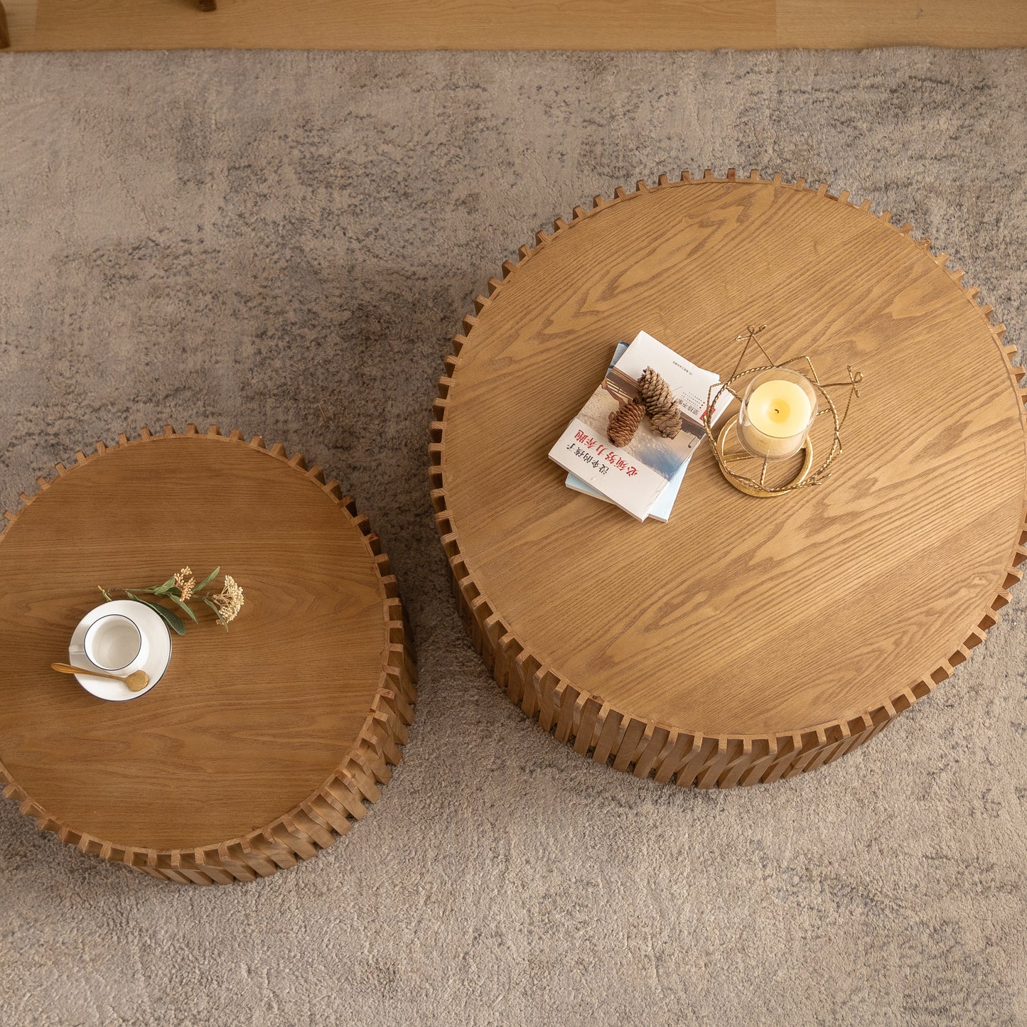 Vintage Fashion Style Cylindrical Nesting Coffee Table Set With Vertical Textured Embossed Design For Living Room, Office And Dining Room, Natural Set Of 2