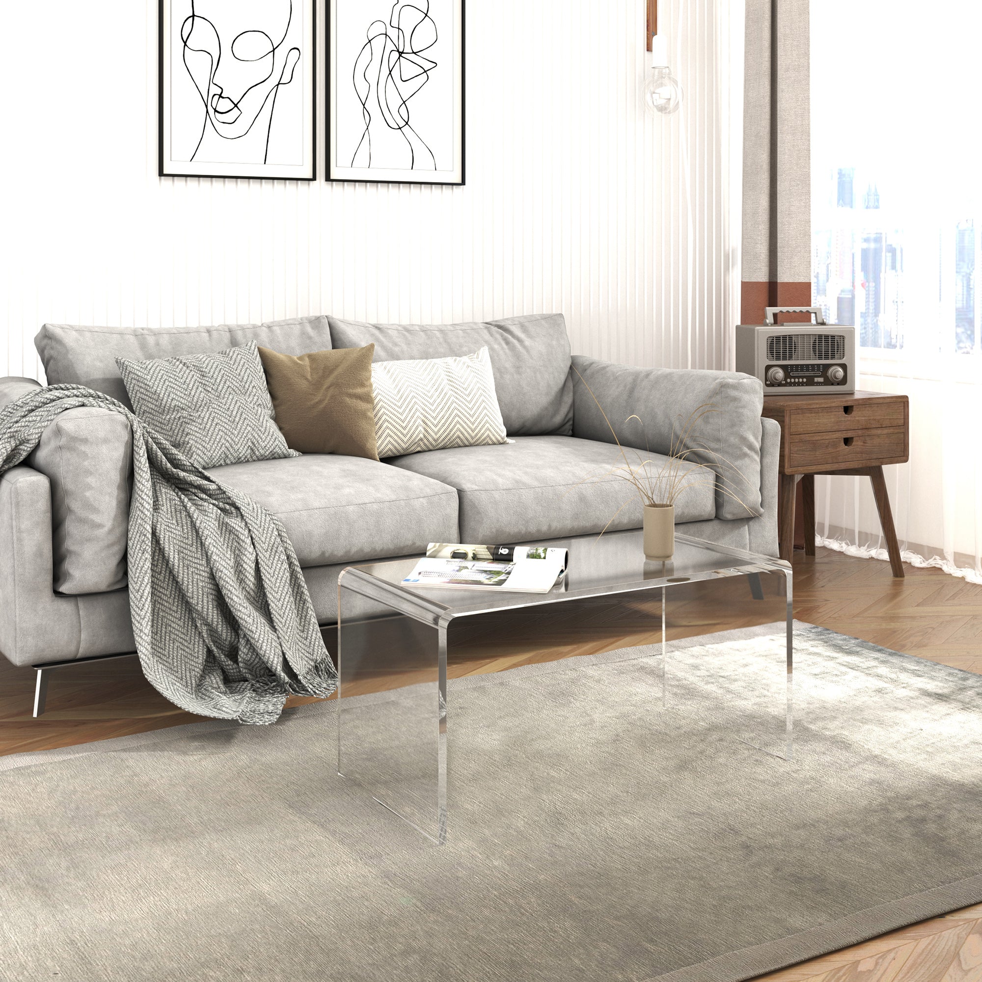 0.6" Thick Acrylic Coffee Table, 32" Long Rectangle Waterfall Coffee Table, Clear