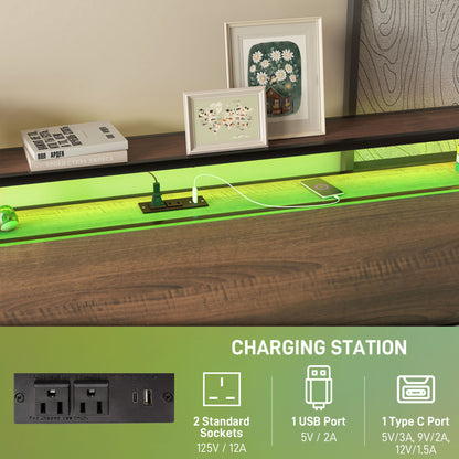 King Size Bed Frame with LED Lights and Charging Station, King Bed Frame with Storage Headboard, Noise-Free, Walnut
