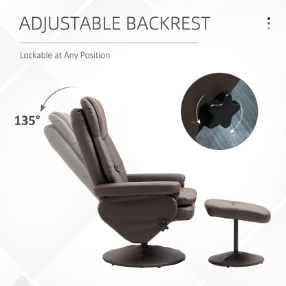 PU Leather Recliner Chair with Ottoman, Swivel Recliner and Ottoman with Round Wrapped Base for Living Room, Brown