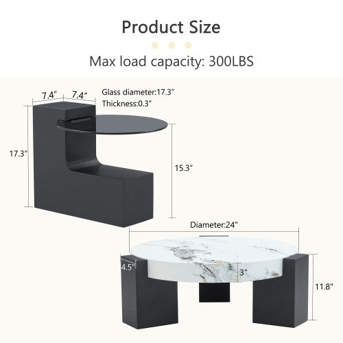 Modern Simple Double-Layer Round Coffee Table - Transparent Gray Glass Top With Black MDF L-Shaped Legs.The Detachable Design Can Make The Use Of Space More Flexible