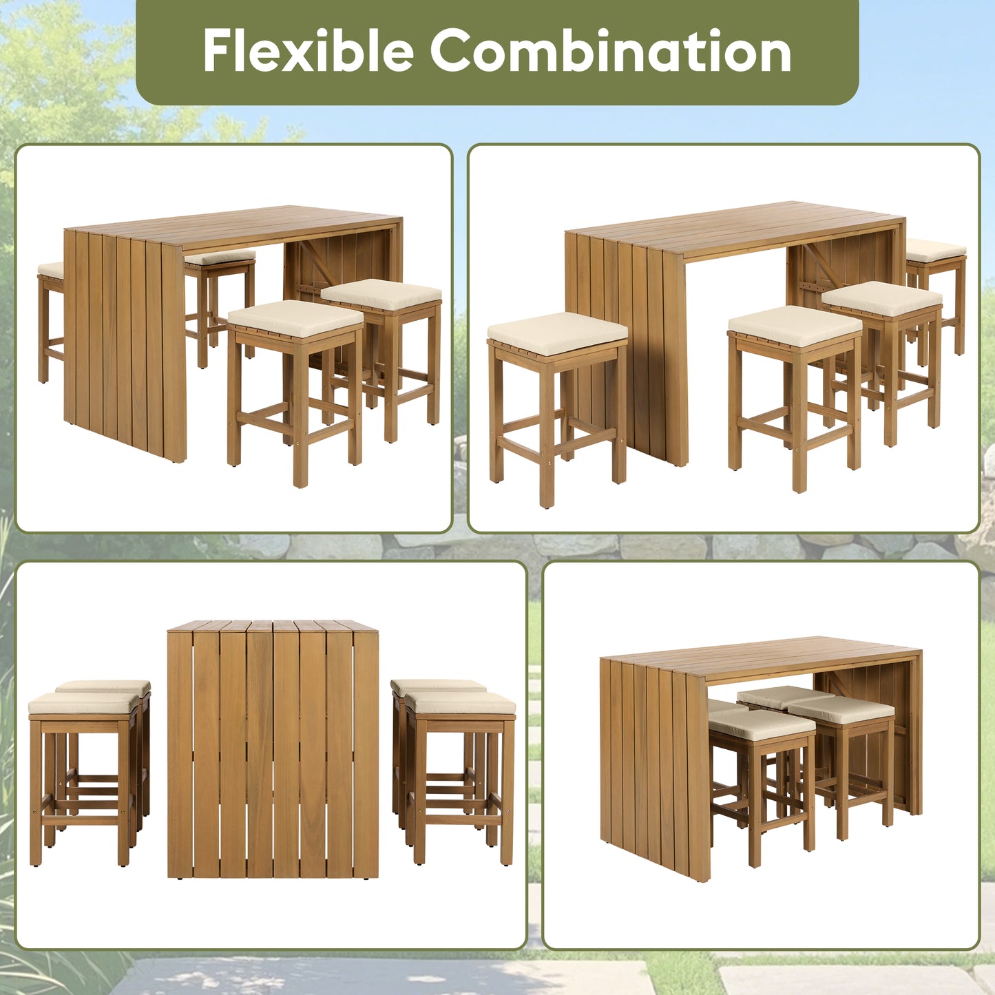 5 Piece Outdoor Bar Set, Patio Acacia Wood Bar Height Table & Four Stools With Cushions, Wood Dining Bar Set For Backyard, Poolside, Balcony, Beige