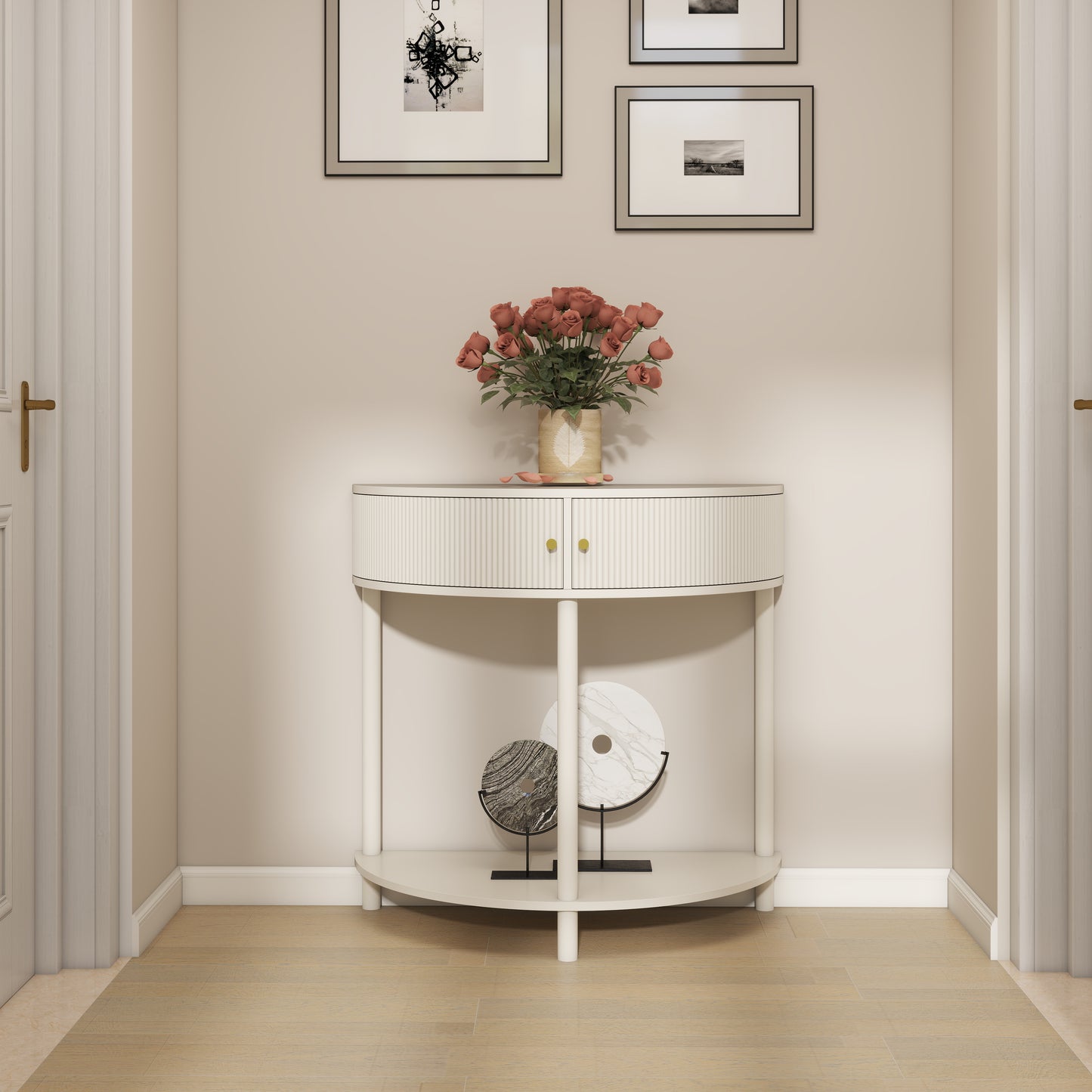 Artisan-Crafted Wave-Pattern Demi-Lune Console Table With Creamy White Finish,Unique Half Moon Design End Table With 2 Storage Drawers And Bottom Shelf For Living Room, Bedroom, Study, Hallway