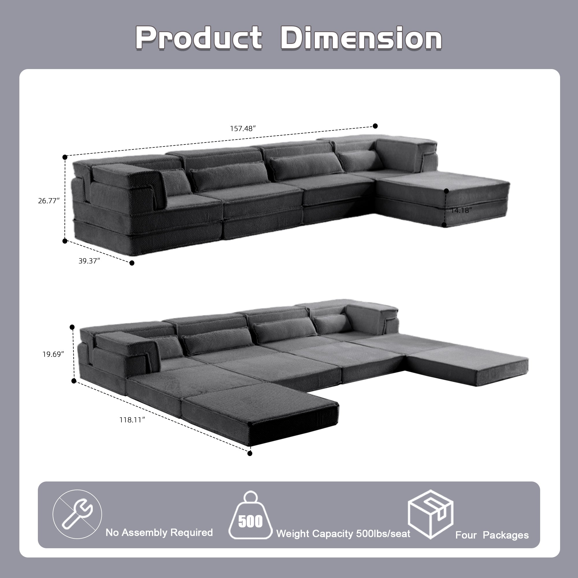 Compression Mahjong Sofa,Convertible Floor Sofa Bed,DIY Boneless Modular Sectional Sofa,No Assembly Required,Circle Fleece Fabric,Oversized 4 Seater With 1 Ottoman,Dark-grey