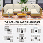 7 Piece Wicker Patio Furniture Set, Modular Outdoor Sectional With Thickened Cushions, Acacia Wood Table, Khaki Beige