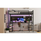 Full XL Metal Loft Bed With Desk And Shelves, Loft Bed With Ladder And Guardrails, Loft Bed Frame For Bedroom, Black