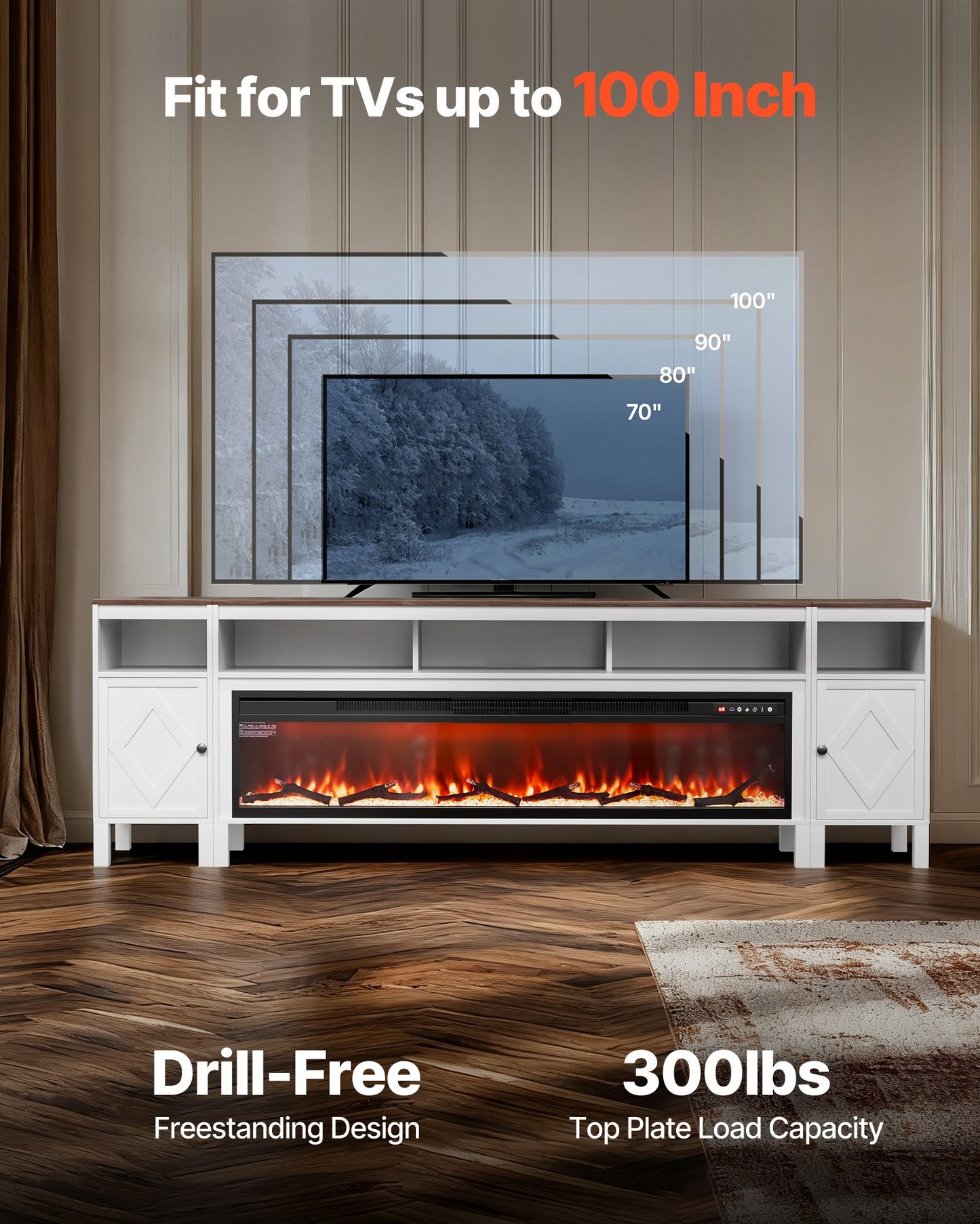 Fireplace TV Stand, Farmhouse Fireplace TV Stand For TVs Up To 100 Inch, Farmhouse Entertainment Center With 60 Inch Fireplace & Storage Drawers For Living Room Bedroom, Remote Control, White