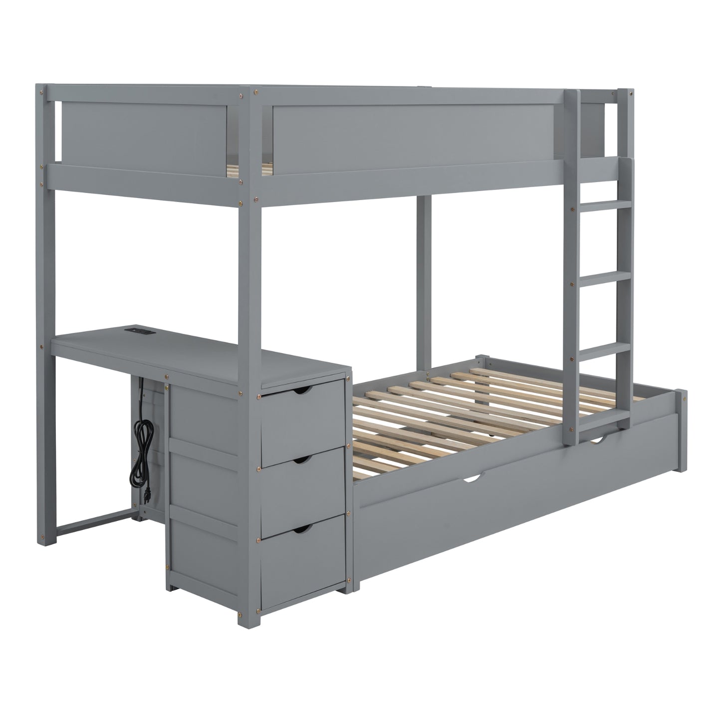 Twin-Over-Twin Bunk Bed With Twin Size Trundle, Storage And Desk, Gray