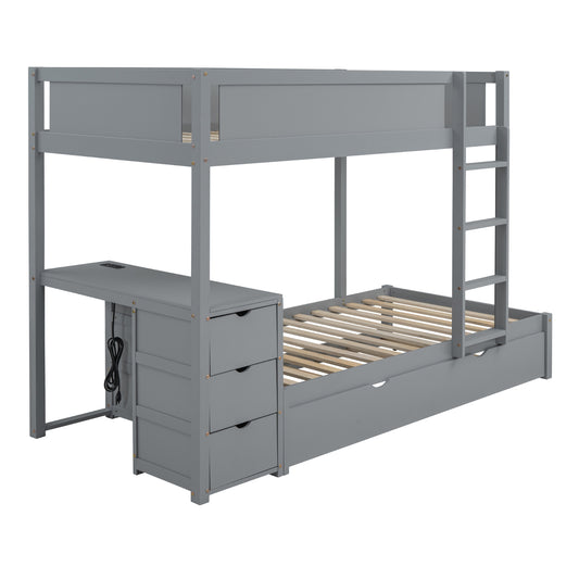 Twin-Over-Twin Bunk Bed With Twin Size Trundle, Storage And Desk, Gray