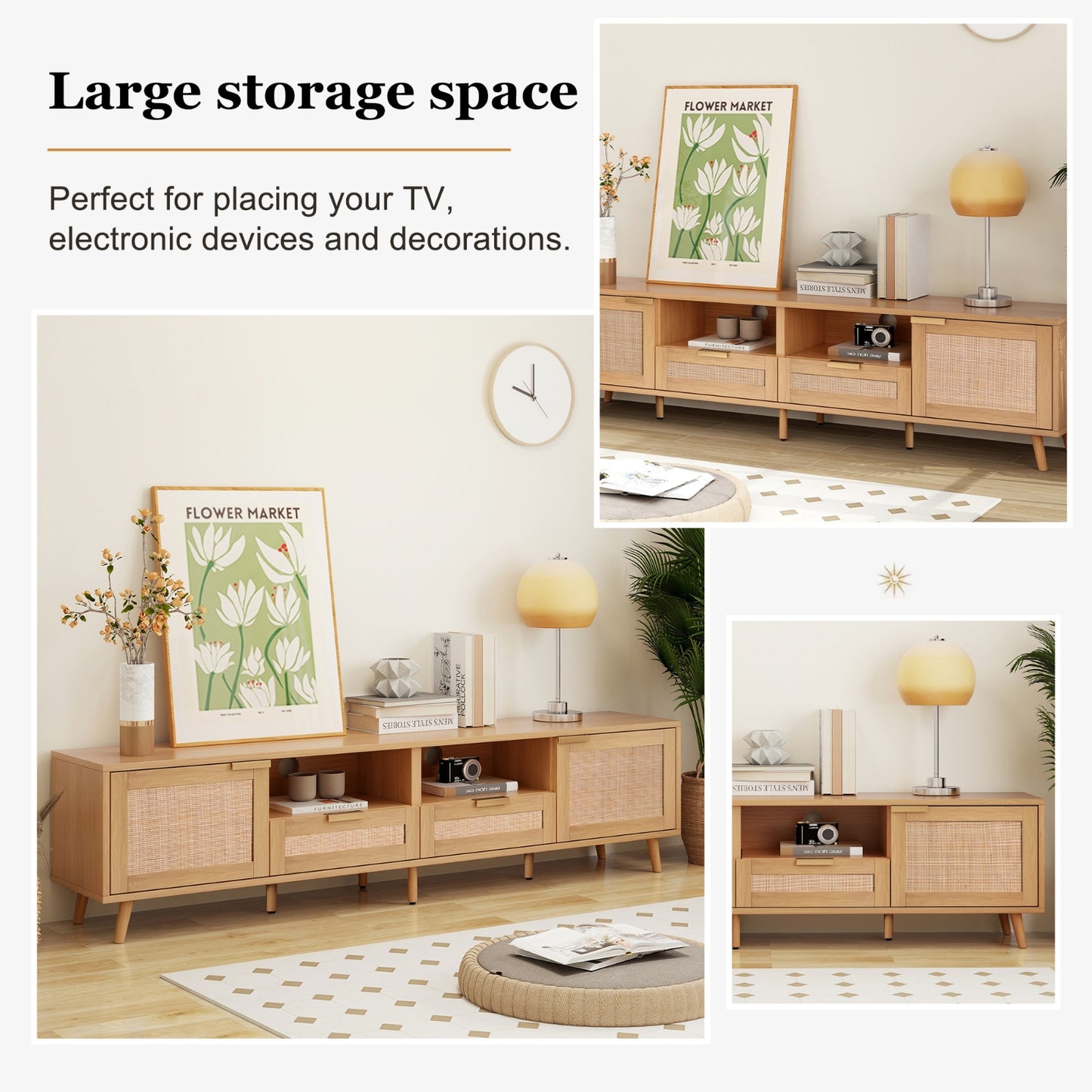 Rattan TV Stand For TVs Up To 85'', Modern Farmhouse Media Console Center