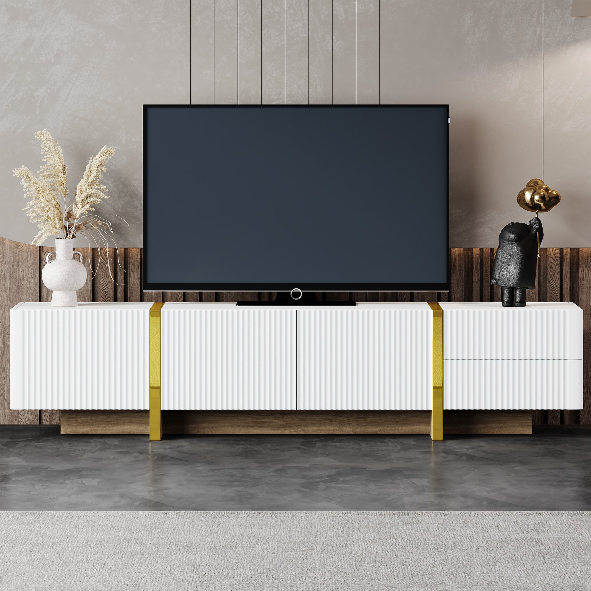 ON-TREND Luxury Fluted TV Stand For TVs Up To 80'', Modern Entertainment Center With Storage Cabinets & Drawers, Smooth Media Console With Golden Wood Grain Legs For Living Room, White