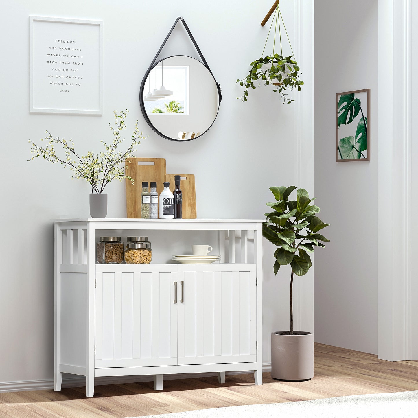 Sideboard Buffet Cabinet, Coffee Bar Cabinet with 2 Doors and Adjustable Shelves, Console Table for Kitchen Entryway Living Room, White