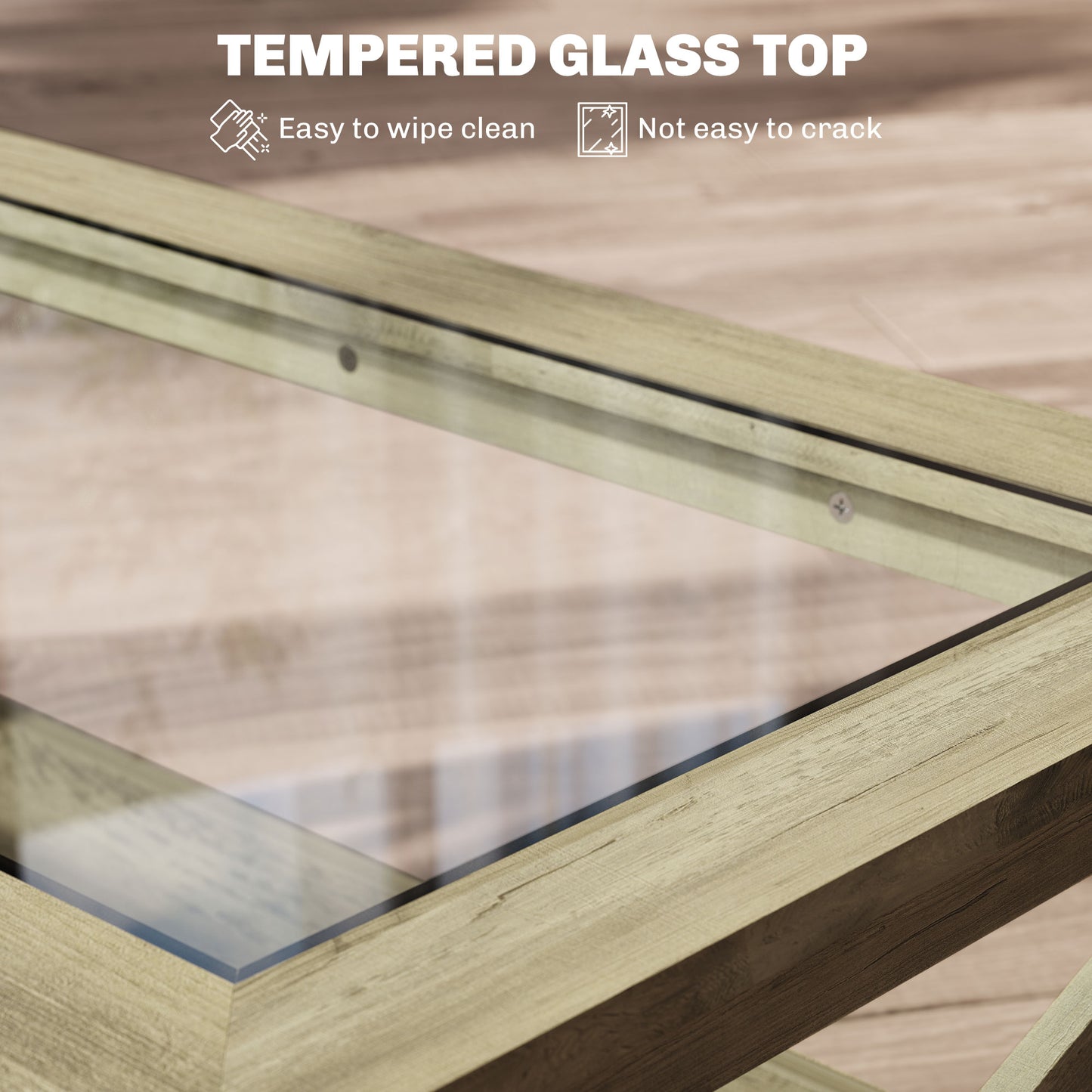 Coffee Table with Tempered Glass Tabletop, Living Room Table with Wood Frame and Underneath Storage Shelf, Gray