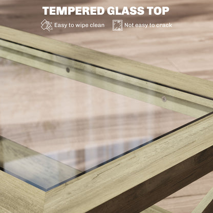 Coffee Table with Tempered Glass Tabletop, Living Room Table with Wood Frame and Underneath Storage Shelf, Gray