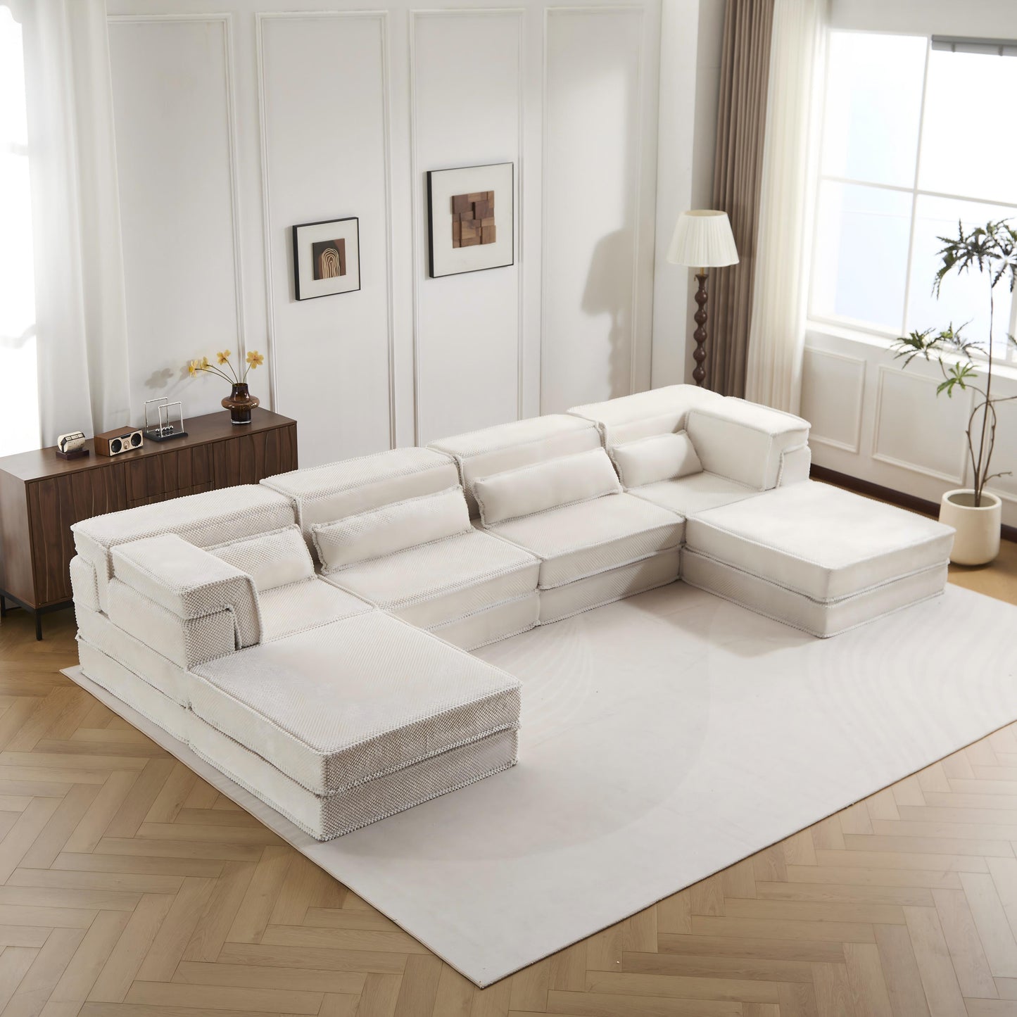 Compression Mahjong Sofa,Convertible Floor Sofa Bed,DIY Boneless Modular Sectional Sofa,No Assembly Required,Circle Fleece Fabric,Oversized 4 Seater With 2 Ottoman,White