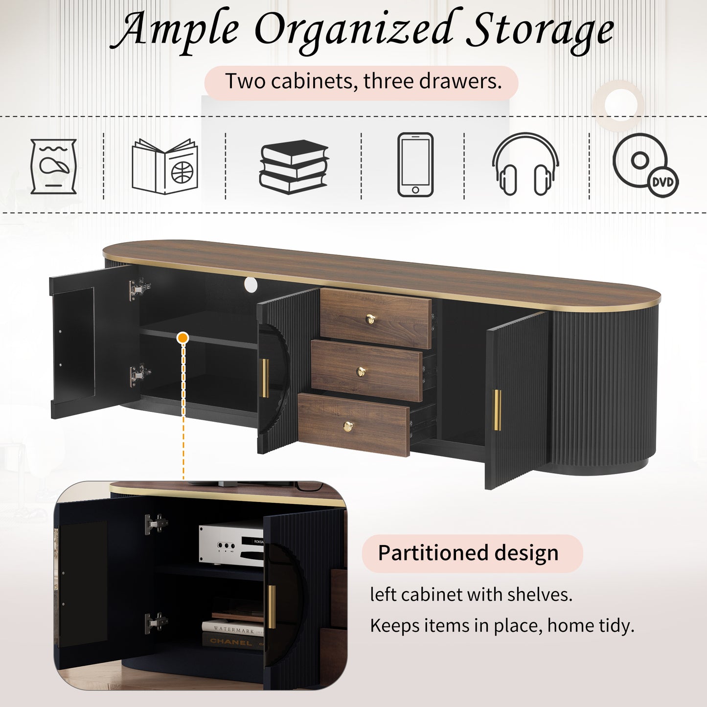 VIBE HAUS 70.8 Modern Minimalist TV Stand For TVs Up To 80 Inches, Entertainment Center With 3 Drawers And 1 Shelf, Metal Handles And 2 Cabinets For Living Room
