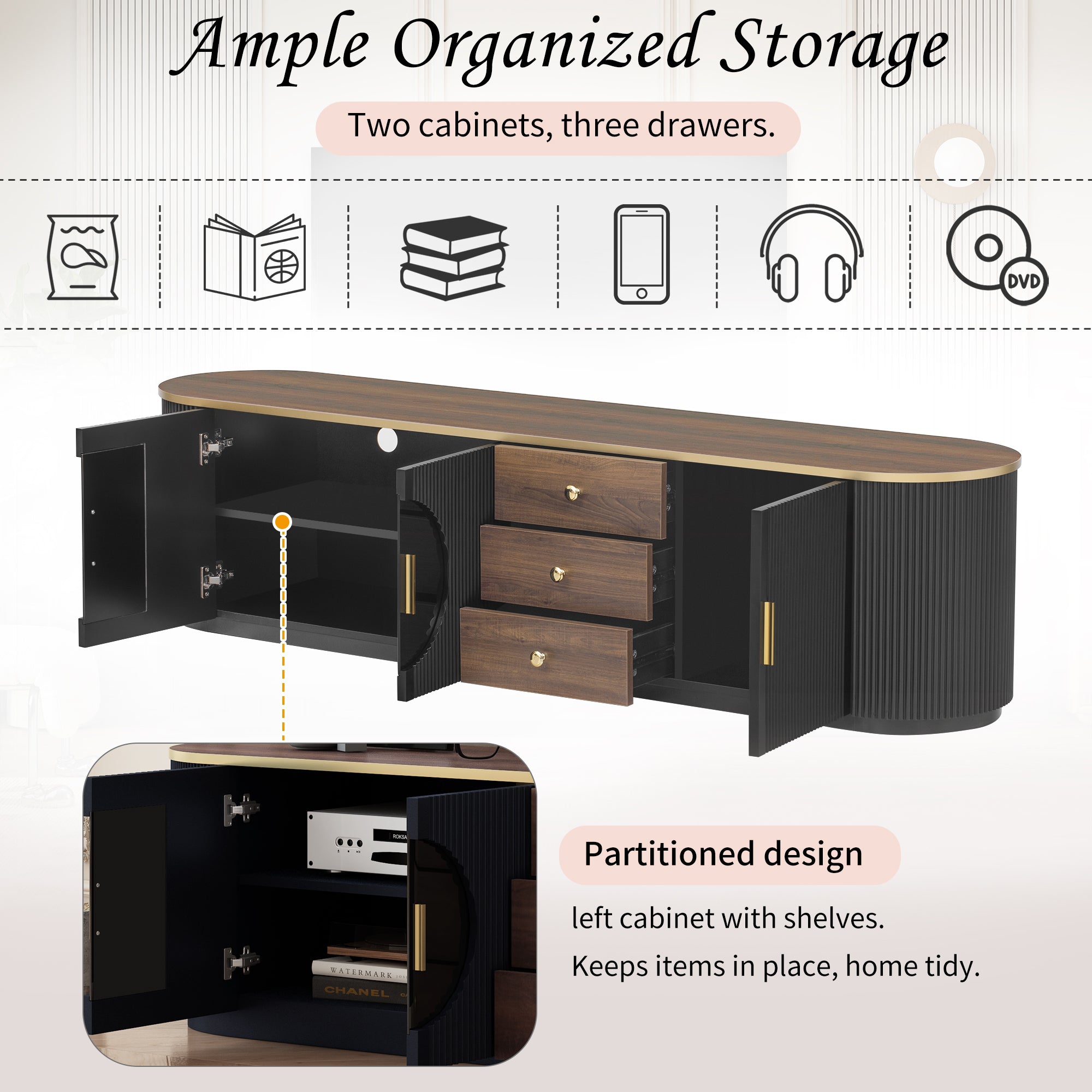 VIBE HAUS 70.8 Modern Minimalist TV Stand For TVs Up To 80 Inches, Entertainment Center With 3 Drawers And 1 Shelf, Metal Handles And 2 Cabinets For Living Room