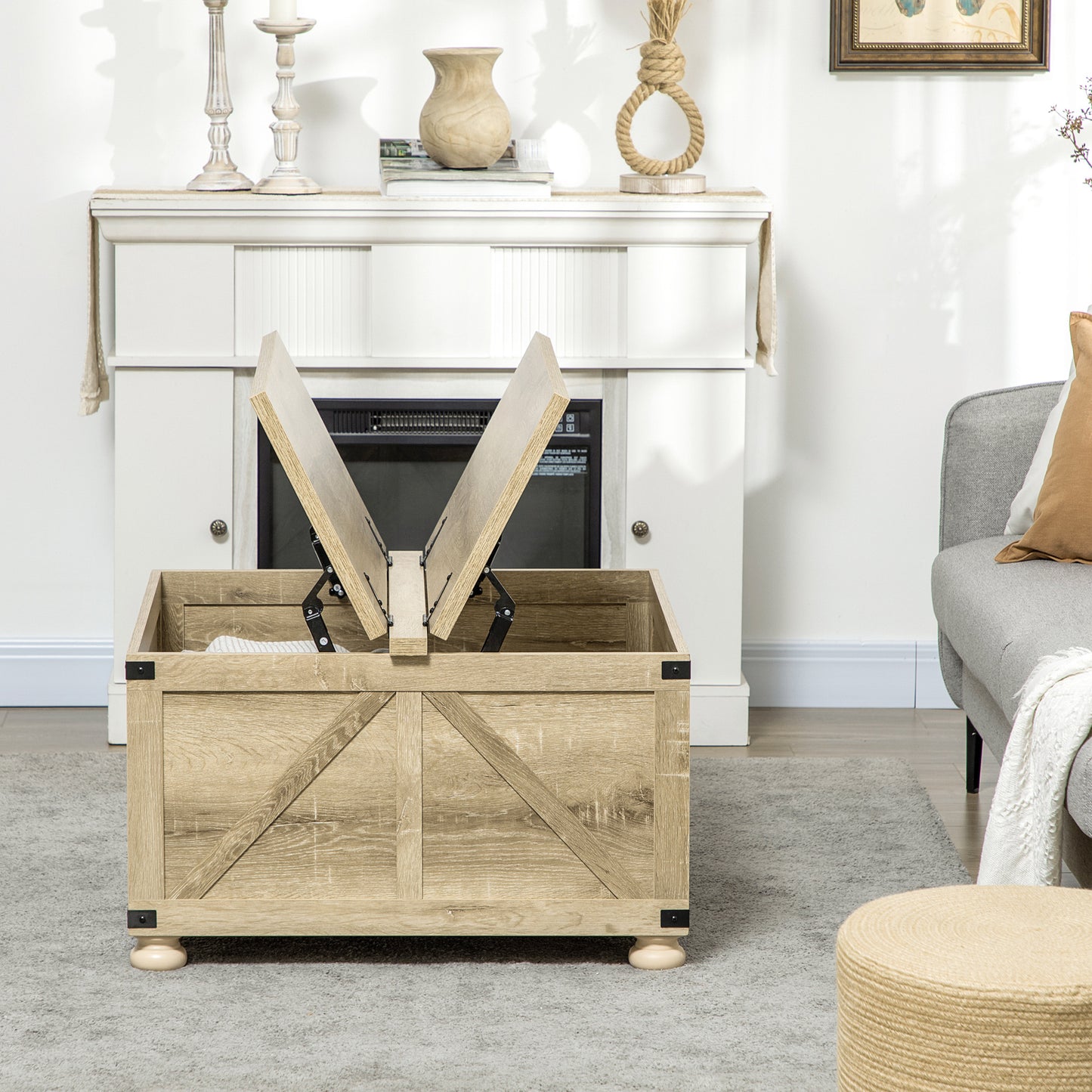 Farmhouse Coffee Table with Storage, Large Square Coffee Table for Living Room Furniture, Wooden Center Table