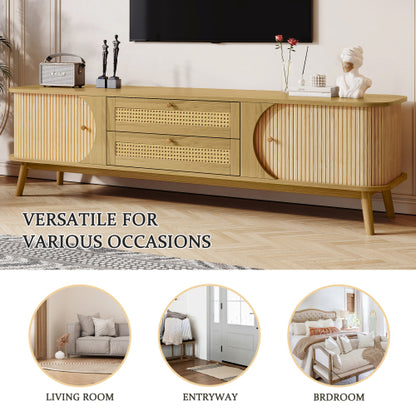 Rattan TV Stand For TVs Up To 75'', Modern Farmhouse Media Console, Entertainment Center With Solid Wood Legs, TV Cabinet For Living Room,Home Theatre