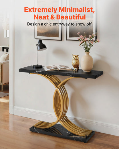 39 In Gold Console Table, Modern Desk Behind The Couch, Wood Rectangle Entrance Desk, Narrow Long Sofa Table Accent Stand With Metal Legs For Hallway, Bedroom, Living Room, Foyer, Easy Assembly