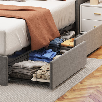 Queen Size Bed Frame With LED, Storage Drawers, Wings Headboard - Light Gray