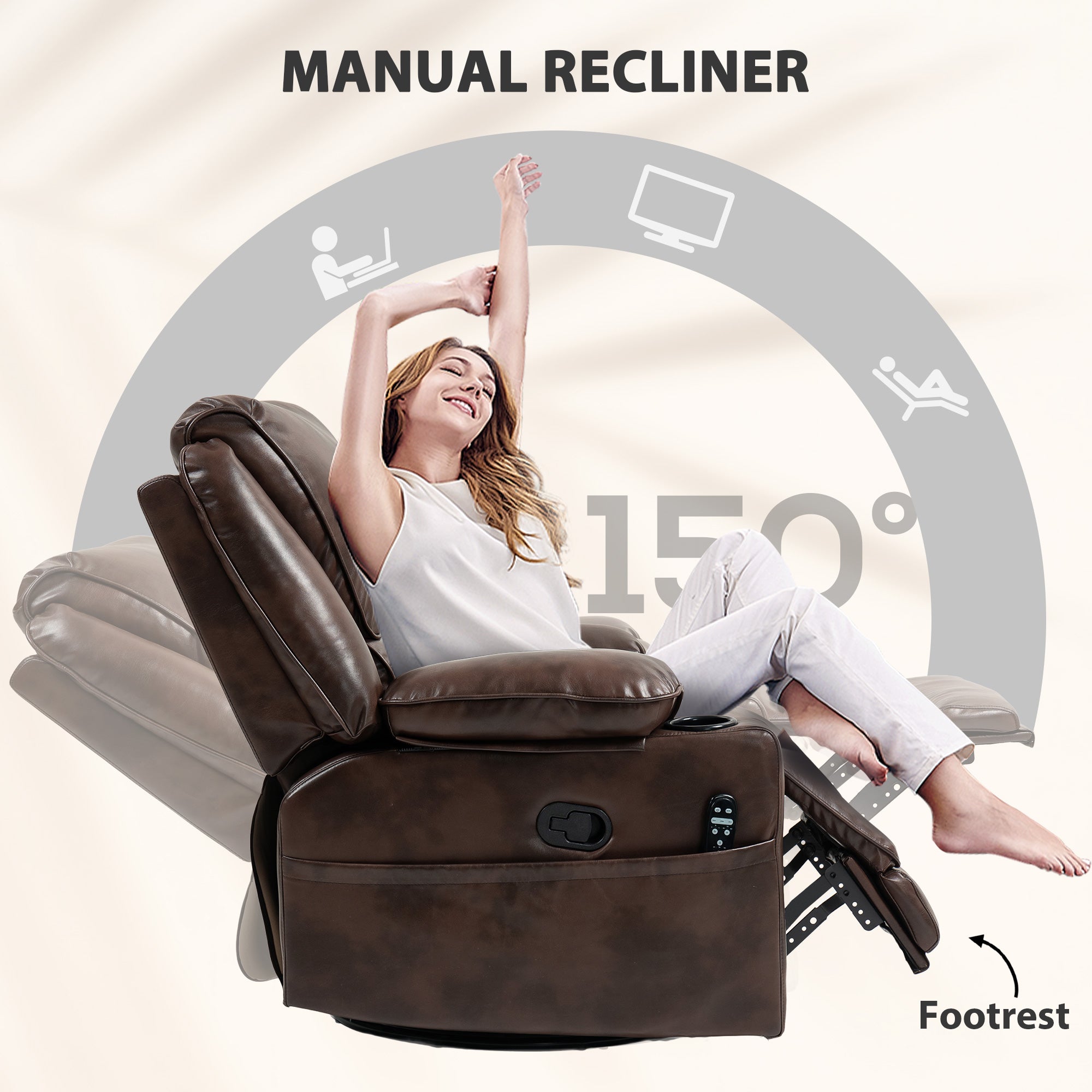 Recliner Massage Armchair with Heat Oversized Swivel Rocker with Footrest Remote and Side Pockets Brown