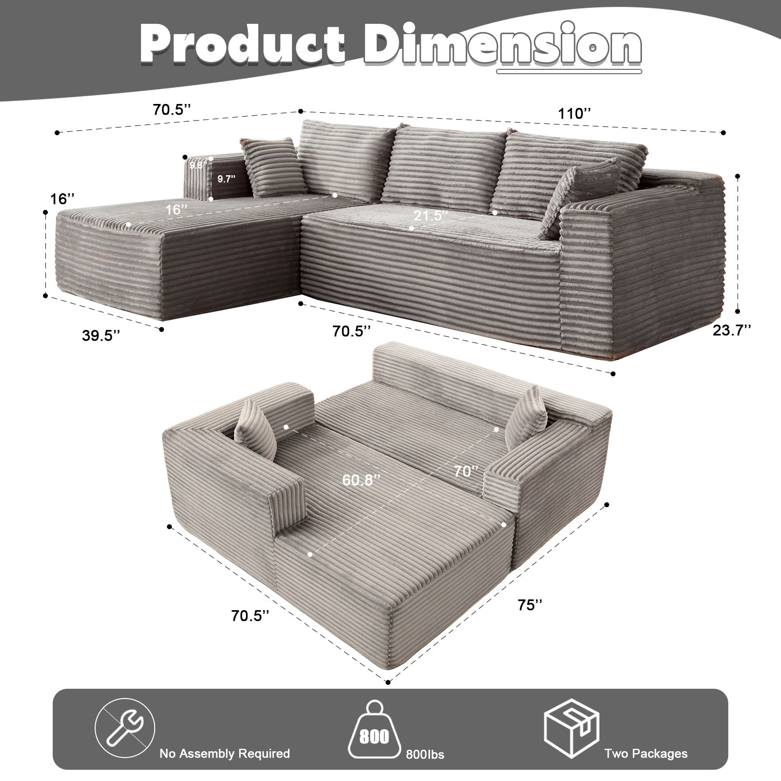 L-Shaped Compression Sofa Bed With Corduroy Fabric - Convertible Sectional Sofa, Foldable Floor Couch Sleeper, Space-Saving Flannel-Like Lounge For Small Apartments, Living Room & Game Room NO TUME