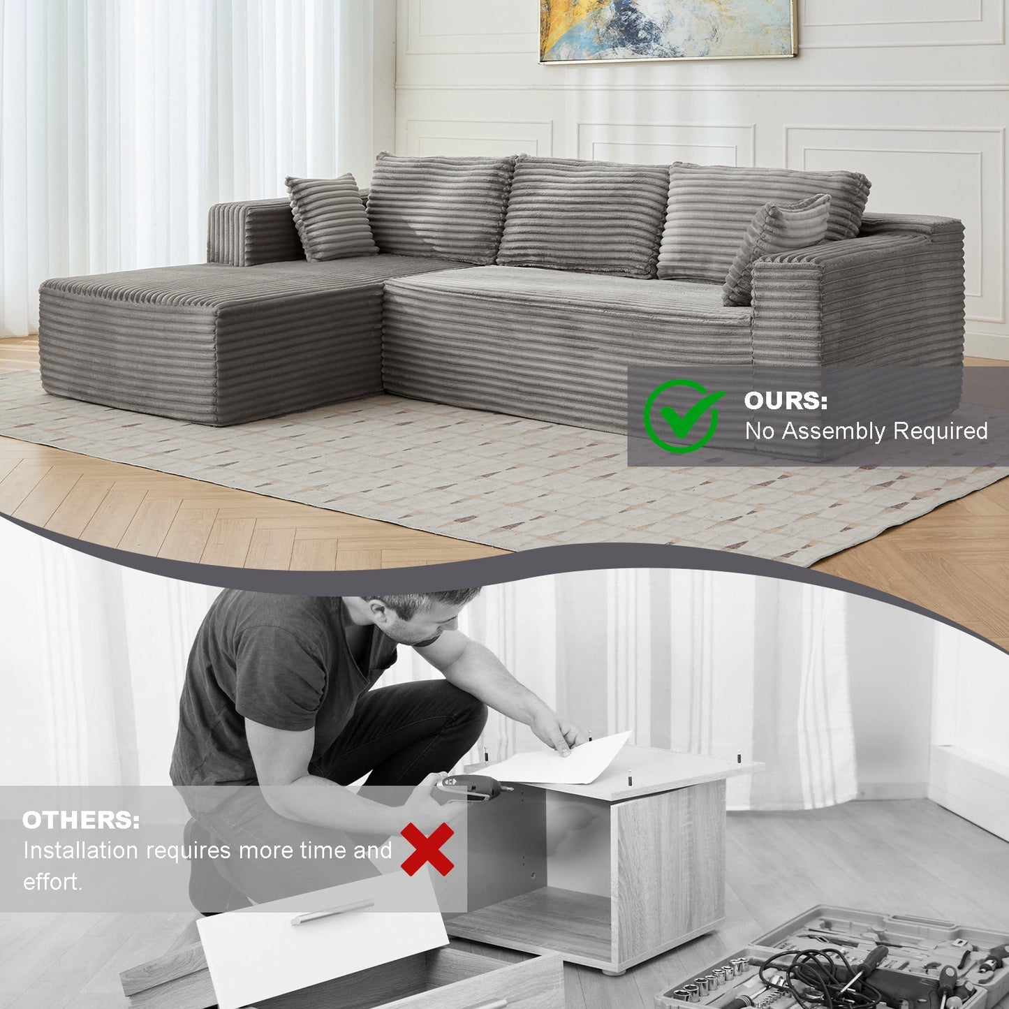 L-Shaped Compression Sofa Bed With Corduroy Fabric - Convertible Sectional Sofa, Foldable Floor Couch Sleeper, Space-Saving Flannel-Like Lounge For Small Apartments, Living Room & Game Room NO TUME