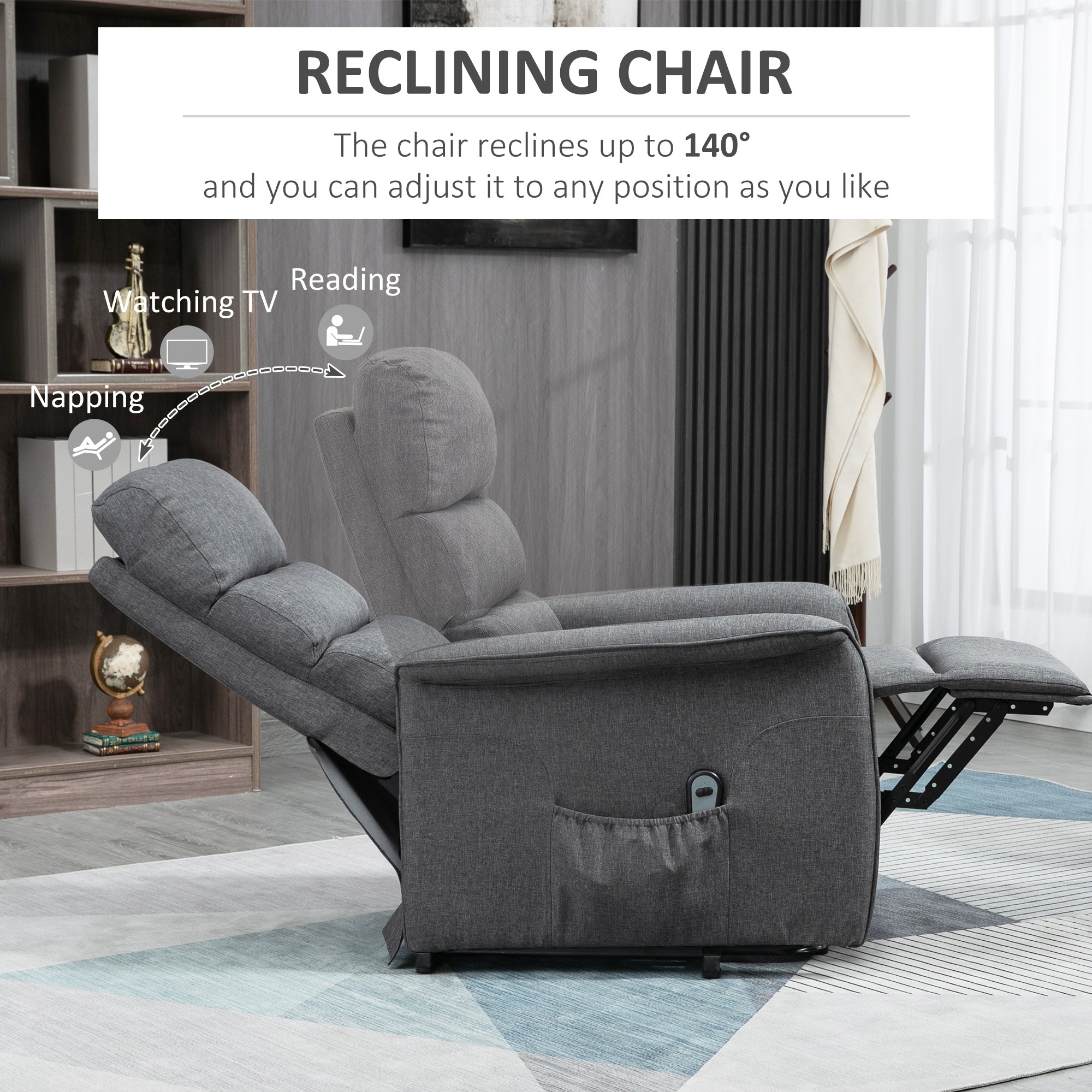 Power Lift Assist Recliner Chair for Elderly with Remote Control, Linen Fabric Upholstery Gray