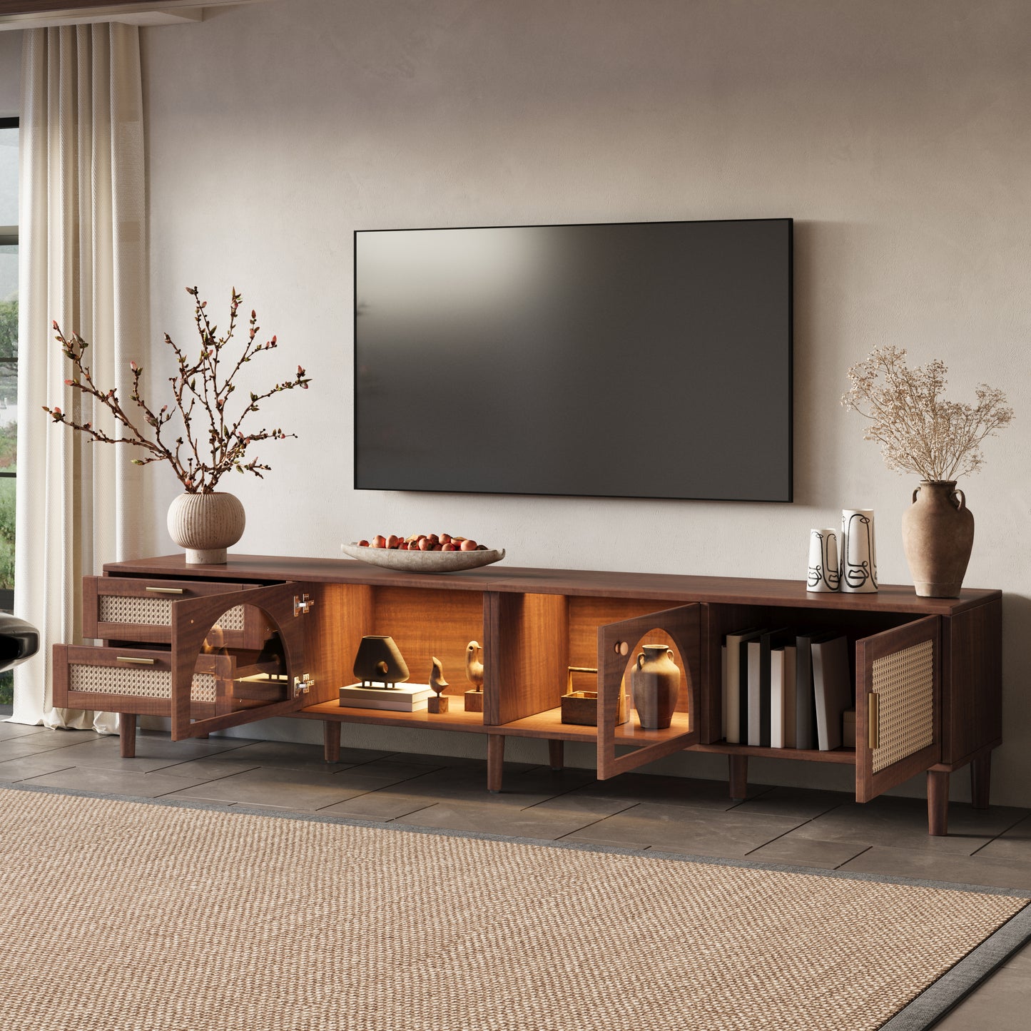 86 Inch TV Stand For TVs Up To 90, Entertainment Center With App Controlled LED Lights, 2 Drawers  Glass Door Storage, Modern Media Console For Living Room