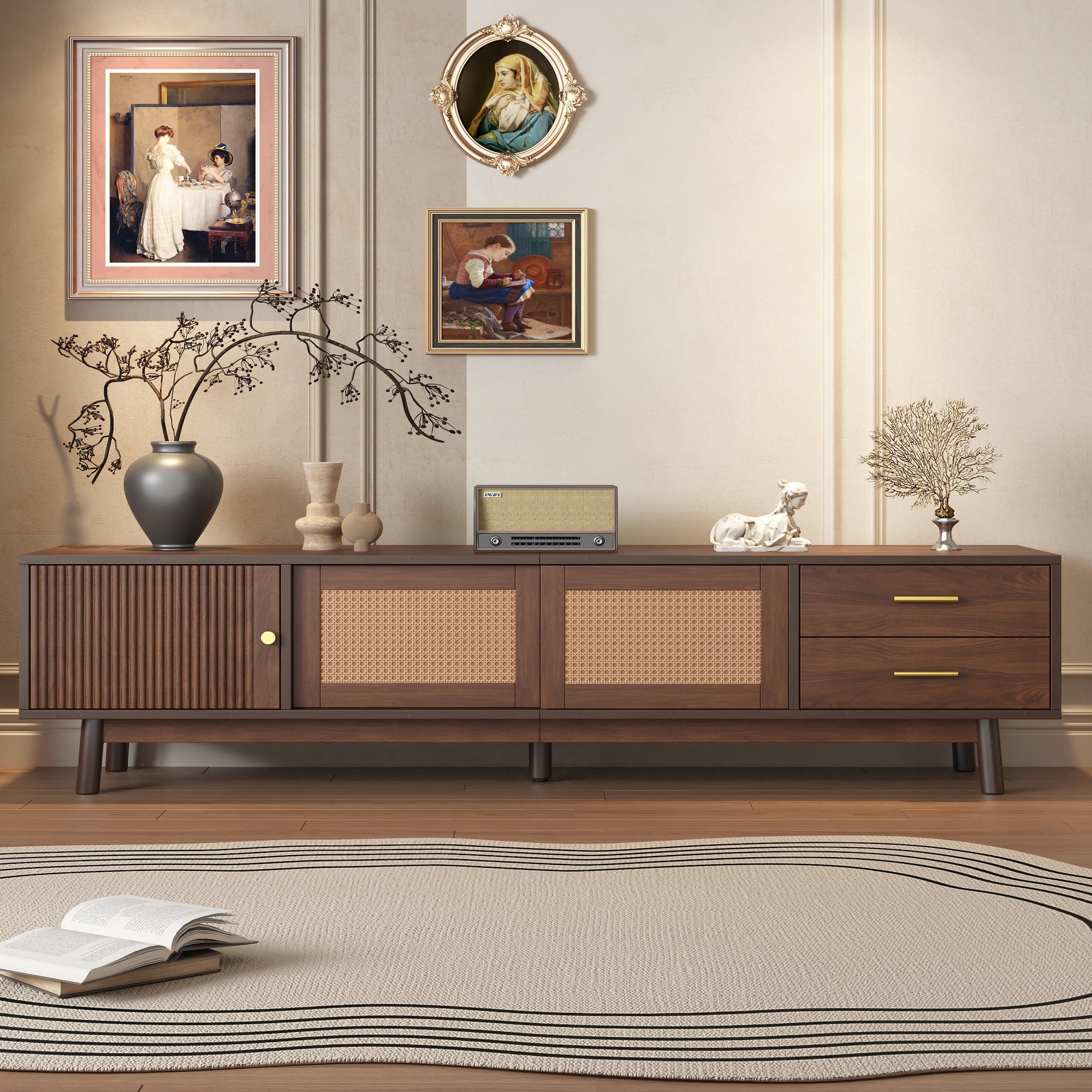 Mid Century Modern TV Stand For 80 TVs, Entertainment Center With Sliding Doors And Drawers, TV Table With Storage For Living Room, Bedroom