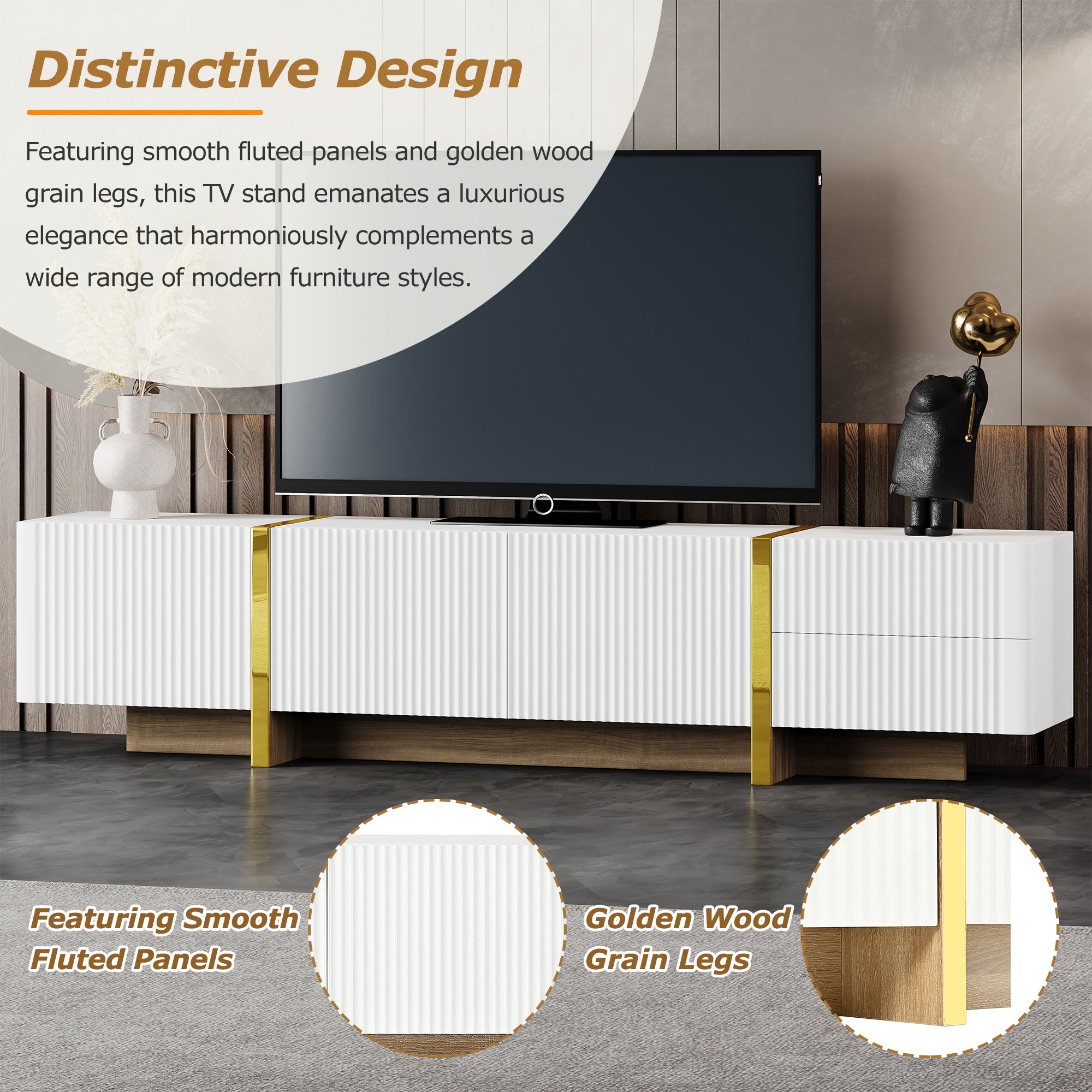 ON-TREND Luxury Fluted TV Stand For TVs Up To 80'', Modern Entertainment Center With Storage Cabinets & Drawers, Smooth Media Console With Golden Wood Grain Legs For Living Room, White