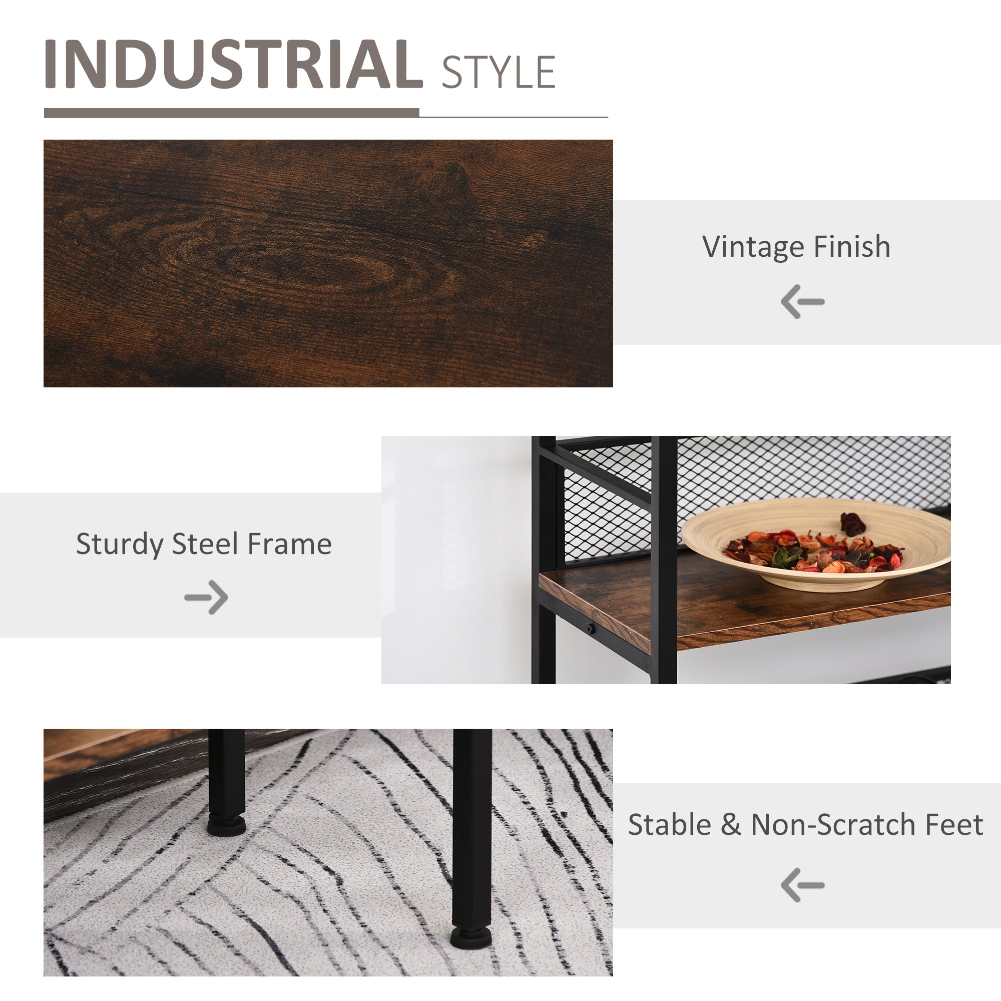3-Tier Console Table Industrial Style Storage Shelf with a Robust Multi-Functional Design & Adjustable Feet