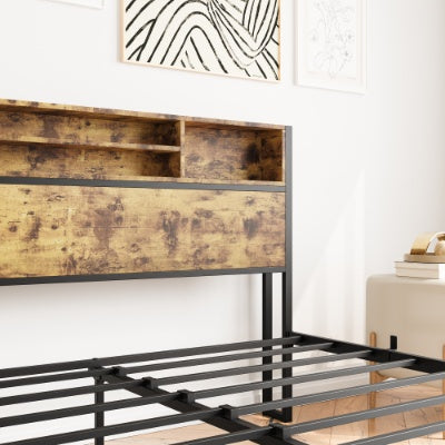 Queen Bed Frame With Storage Headboard, Metal Platform Bed With Charging Station, Bookcase Storage, No Box Spring Needed, Easy Assembly, Noise-Free, Black