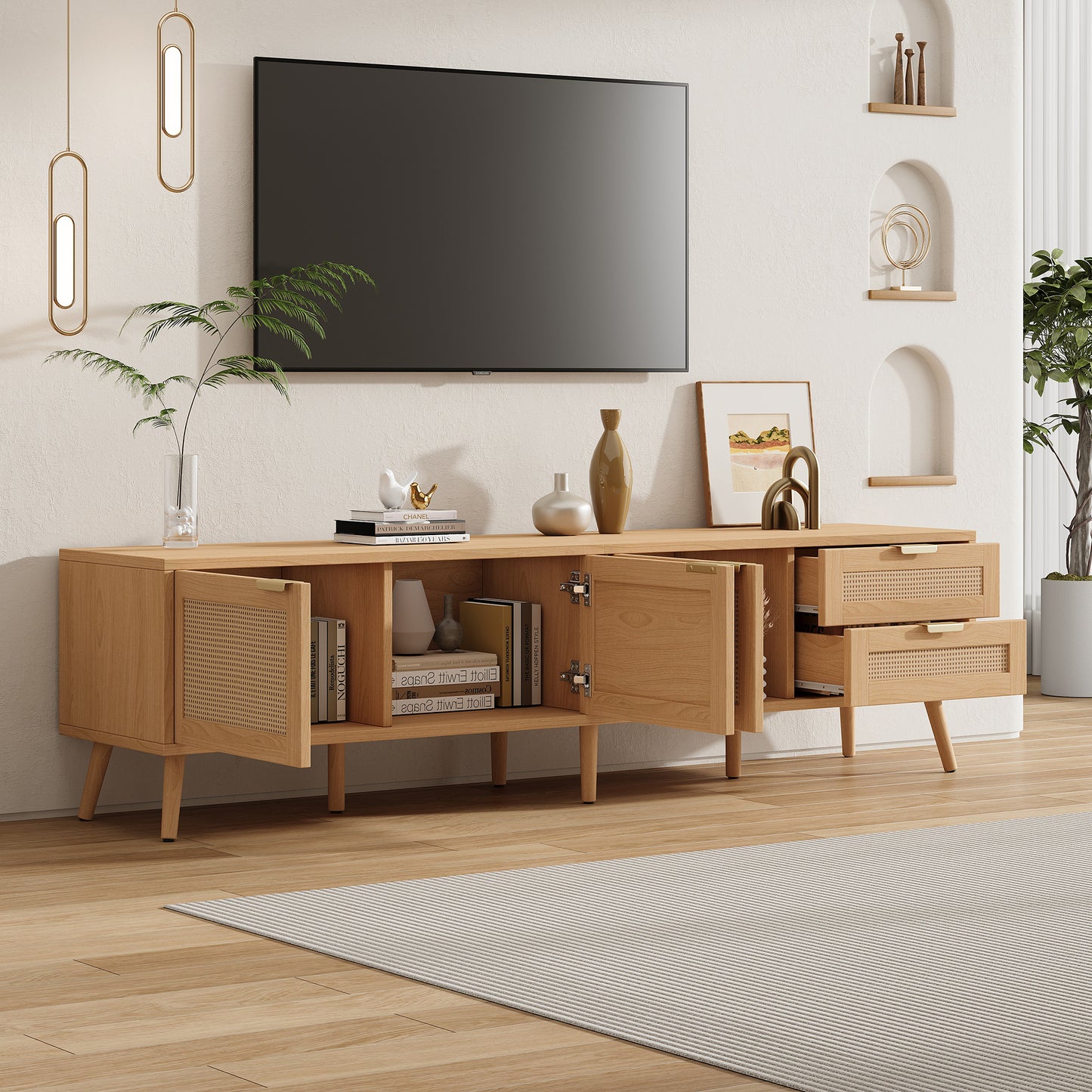 70inch Modern TV Stand With Rattan Doors For TVs Up To 80, Media Console With Storage Space, 2 Drawers & Cable Holes, Entertainment Center For Living Room