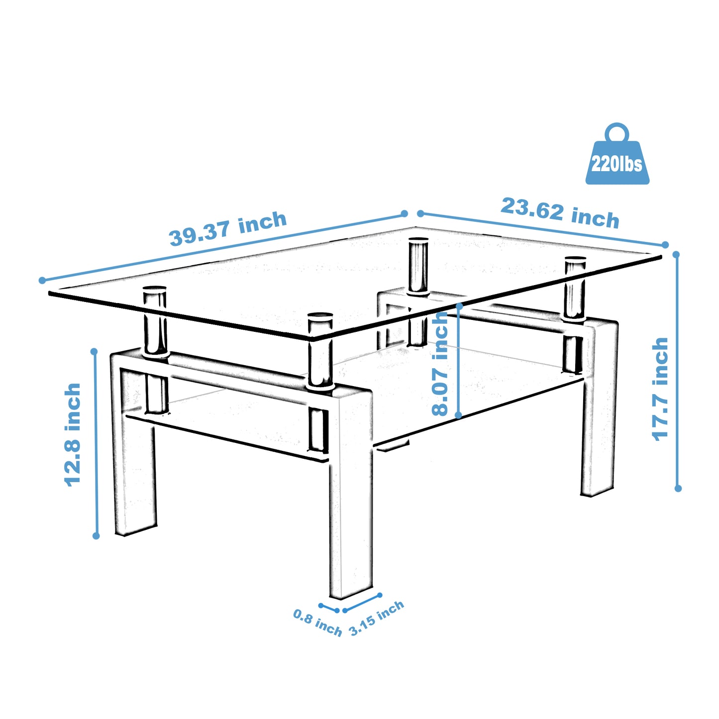 Rectangle Black Glass Coffee Table Modern Side Center Tables For Living Room