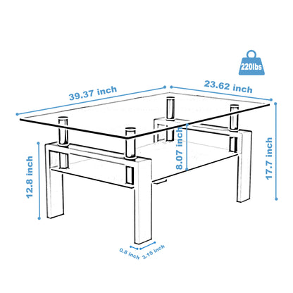 Rectangle Black Glass Coffee Table Modern Side Center Tables For Living Room