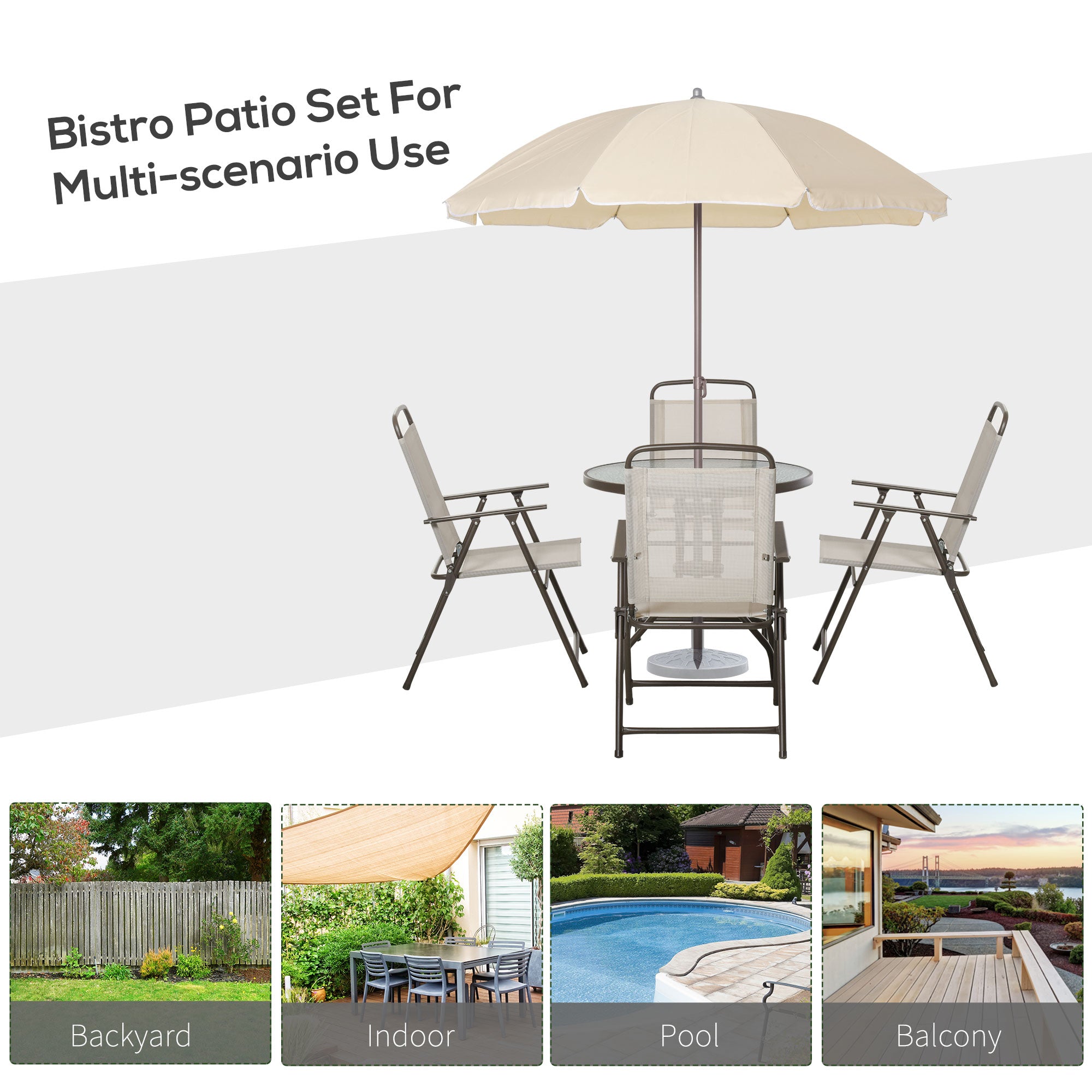 6-Piece Patio Dining Set With Umbrella, Folding Chairs & Glass Table, Beige - Outdoor Meal Setup