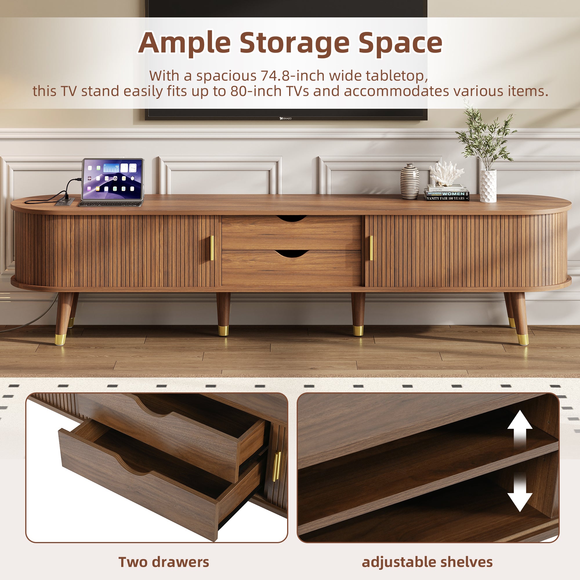 Assembly Video Wooden Oval Fluted TV Stand With Charging Station For TV Up To 80, Mid-Century Media Console With Sliding Tambour Door, Farmhouse TV Cabinet With Golden Handle For Living Room, Walnut