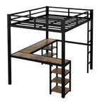 Full Metal Loft Bed With Desk And Shelves, Loft Bed With Ladder And Guardrails, Loft Bed Frame For B