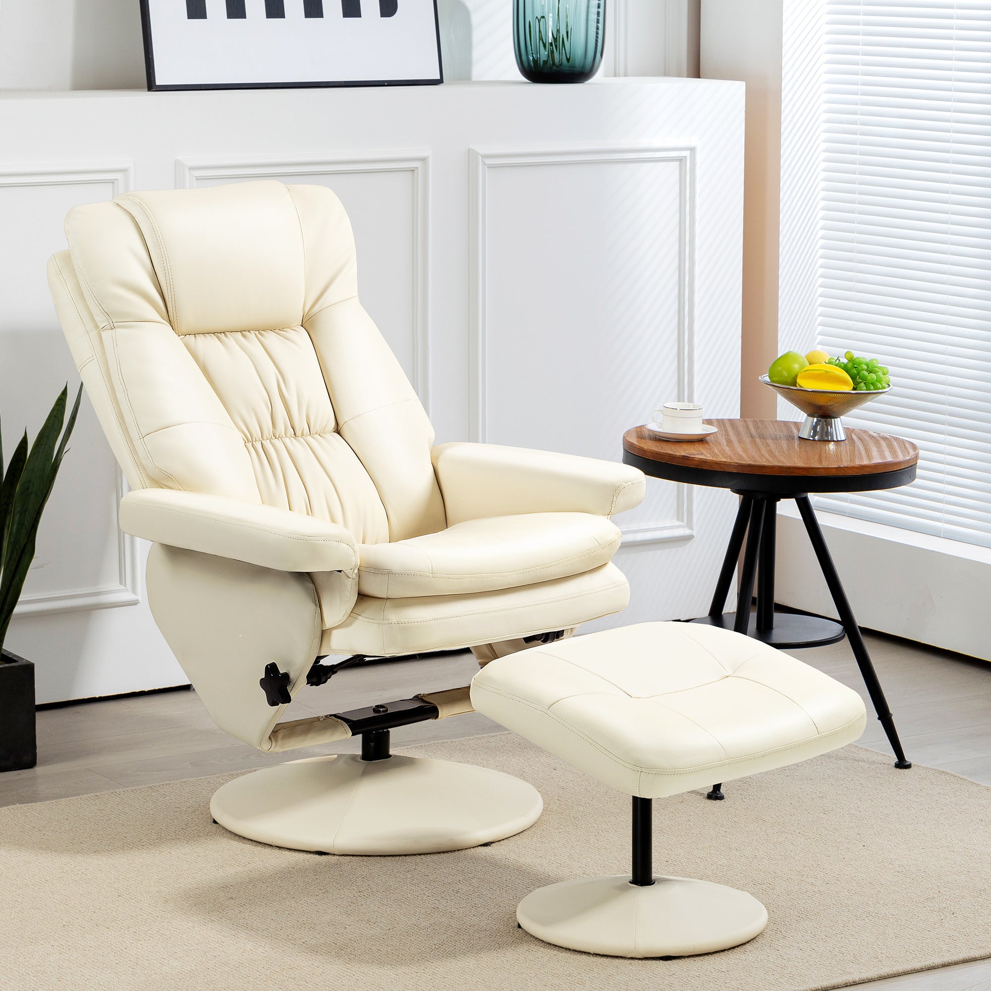 PU Leather Recliner Chair with Ottoman, Swivel Recliner and Ottoman with Round Wrapped Base for Living Room, Cream White